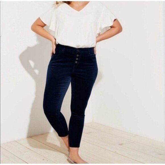 LOFT Womens Moden Skinny Pant Plus Sz 22 Navy Blue Velvet Stretch Button Fly - Picture 1 of 8